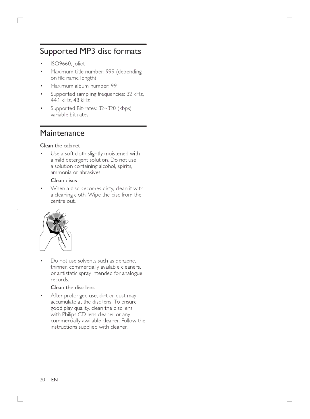 Philips DCM3020 user manual Supported MP3 disc formats, Maintenance, Clean the cabinet, Clean the disc lens 