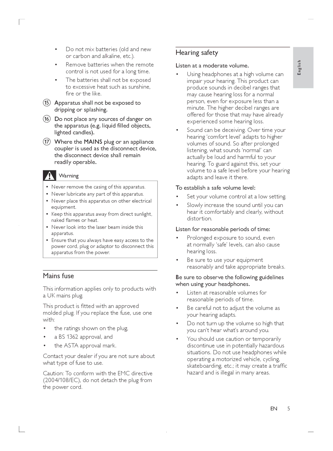 Philips DCM3020 user manual Mains fuse, Hearing safety, Listen at a moderate volume 