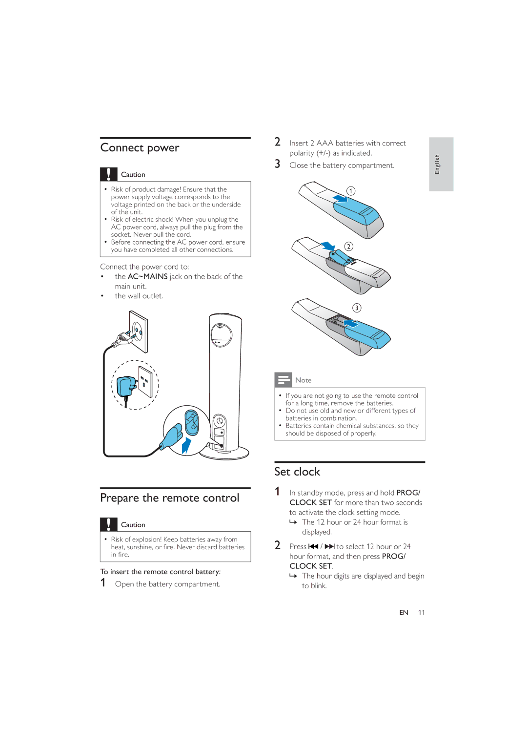 Philips DCM5090 Connect power, Prepare the remote control, Set clock, » The hour digits are displayed and begin to blink 