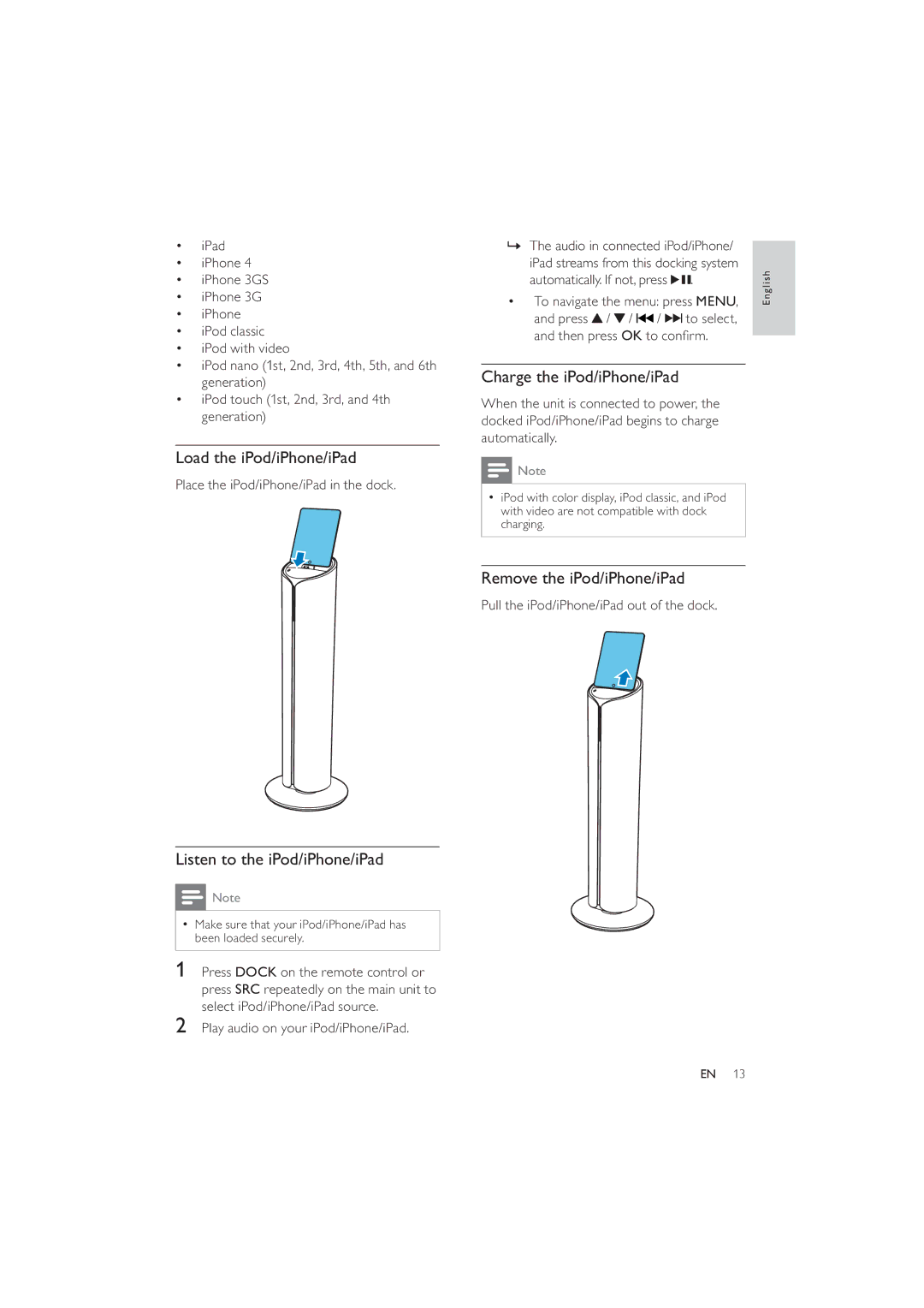 Philips DCM5090 Charge the iPod/iPhone/iPad, Remove the iPod/iPhone/iPad, Press, Pull the iPod/iPhone/iPad out of the dock 