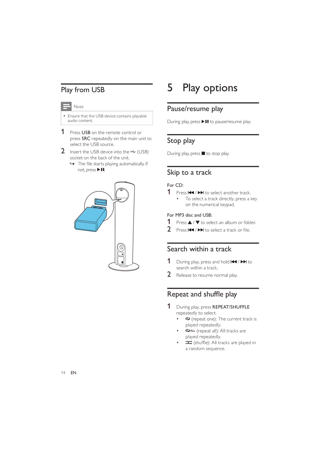 Philips DCM5090 user manual Play options 