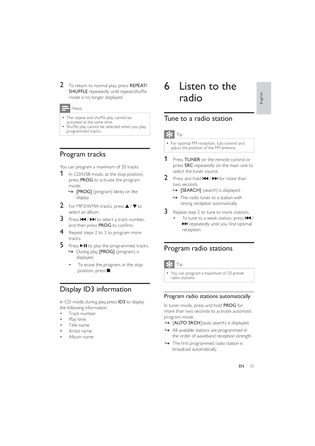 Philips DCM5090 user manual Radio, Program tracks, Display ID3 information, Tune to a radio station, Program radio stations 