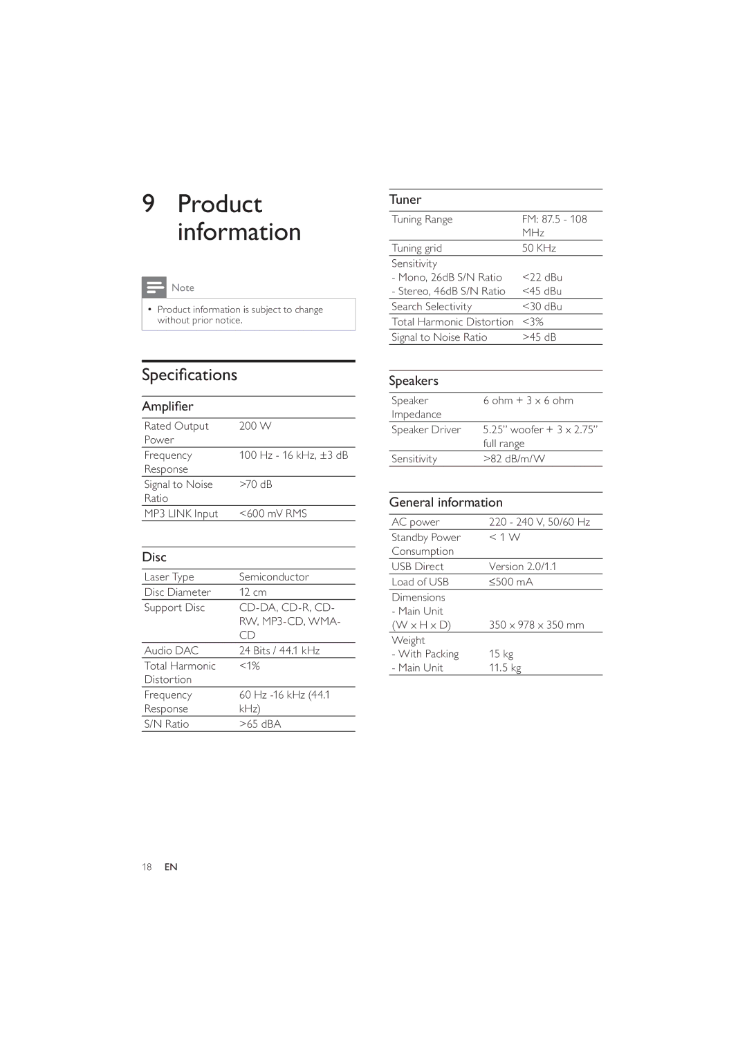 Philips DCM5090 user manual Product information, Disc, Tuner, Speakers, General information 