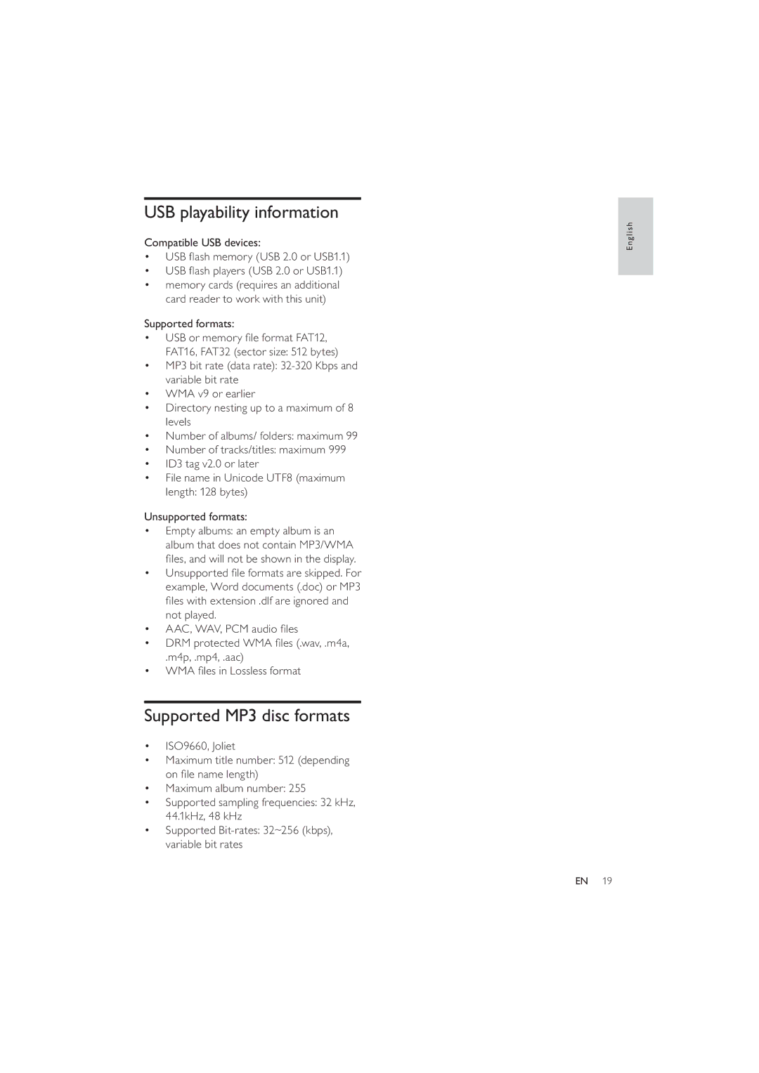 Philips DCM5090 user manual USB playability information, Supported MP3 disc formats, Not played 