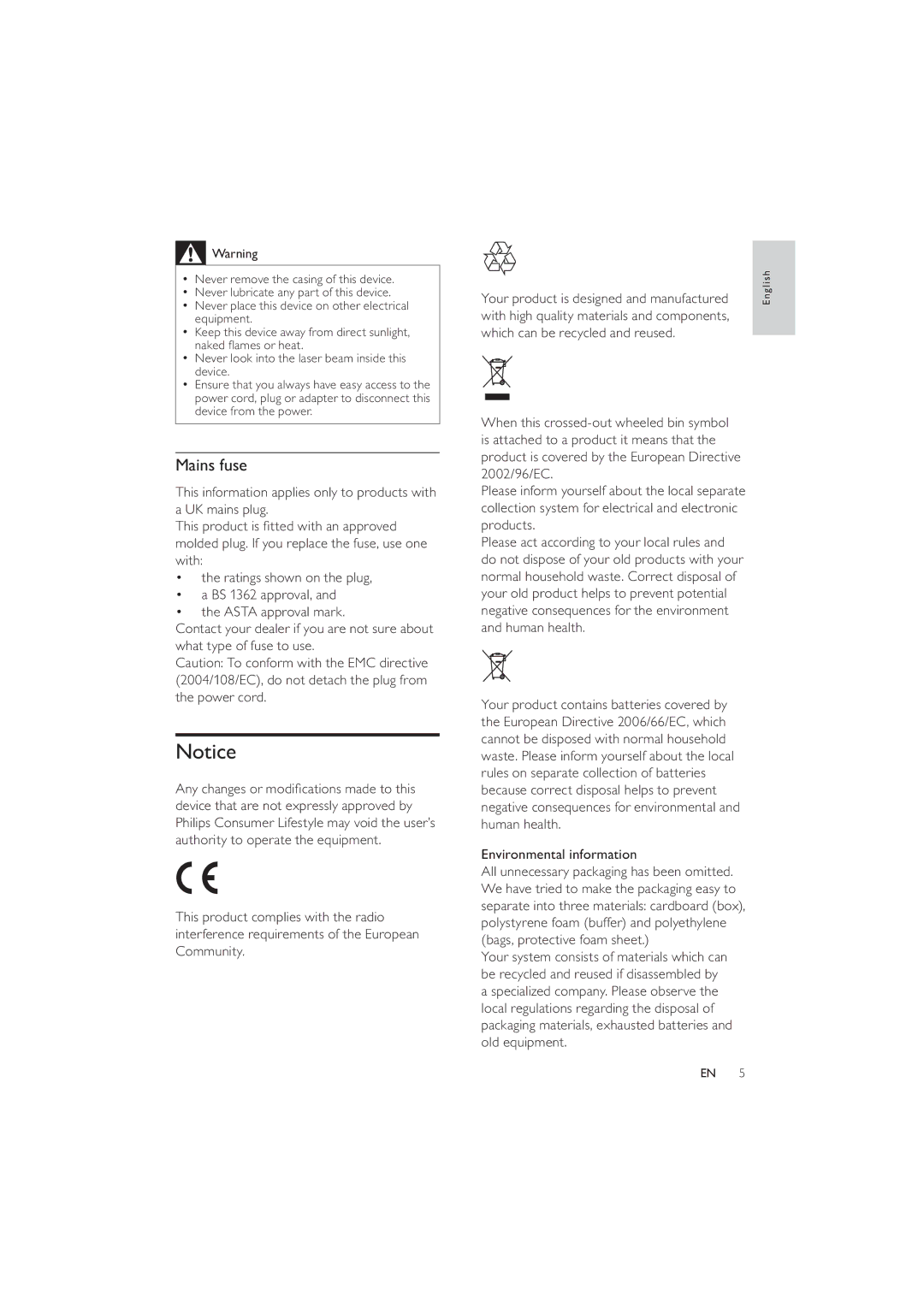 Philips DCM5090 user manual Mains fuse, Environmental information 