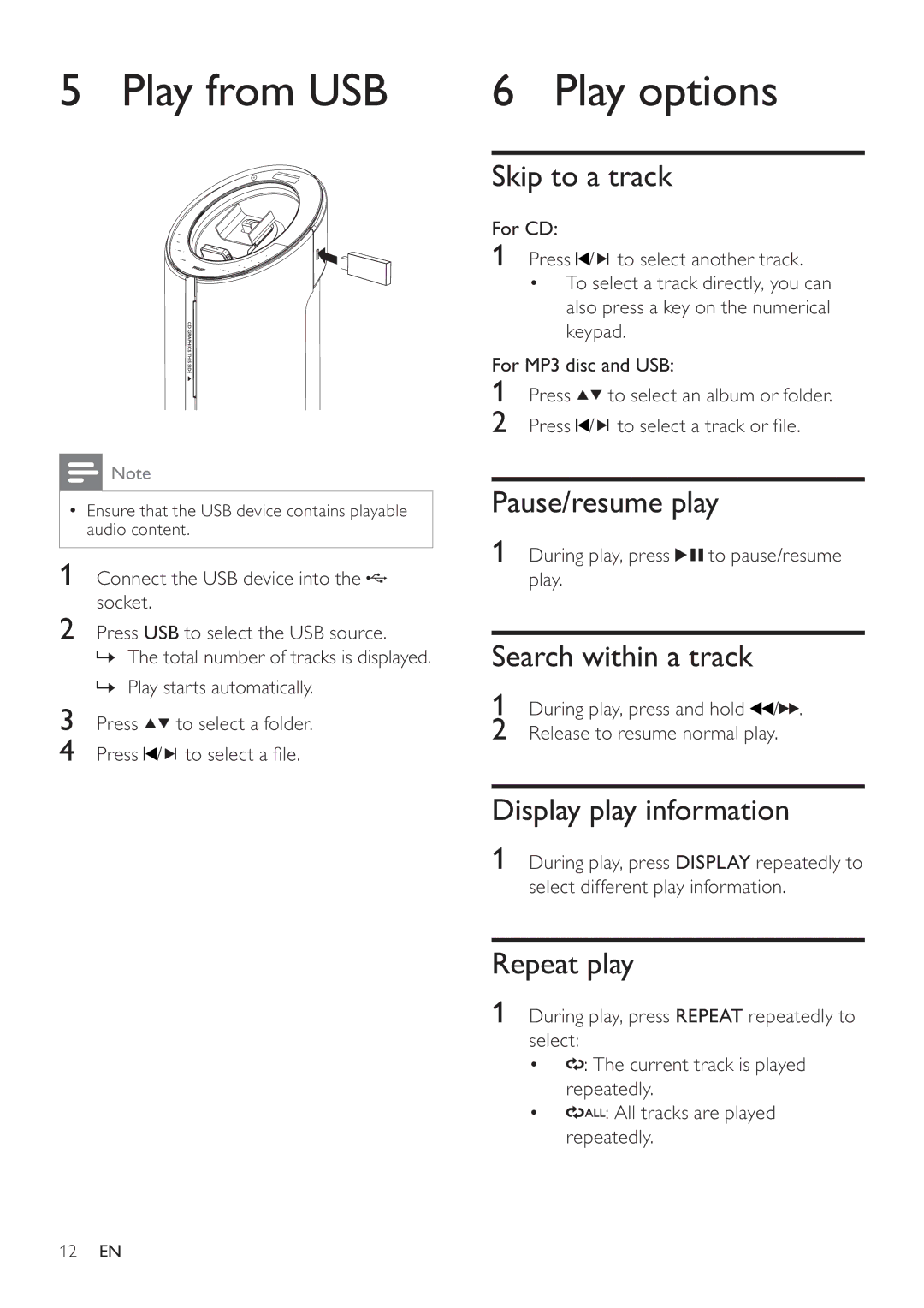 Philips DCM580 user manual Play from USB, Play options 