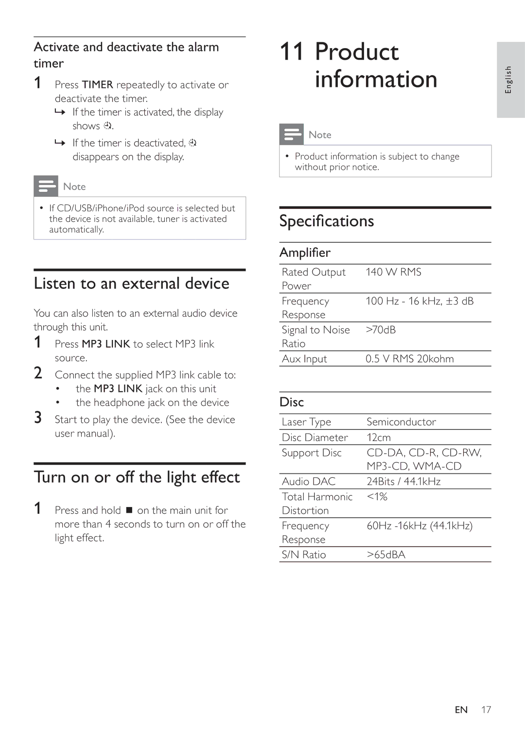 Philips DCM580 Product Information, Listen to an external device, Turn on or off the light effect, Speciﬁ cations 