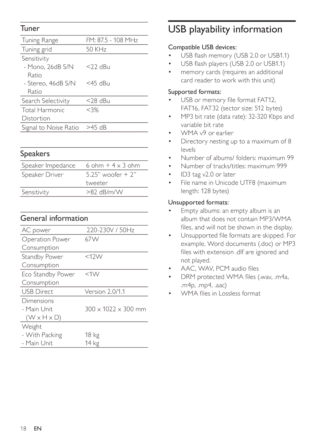 Philips DCM580 user manual USB playability information, Tuner, Speakers, General information 