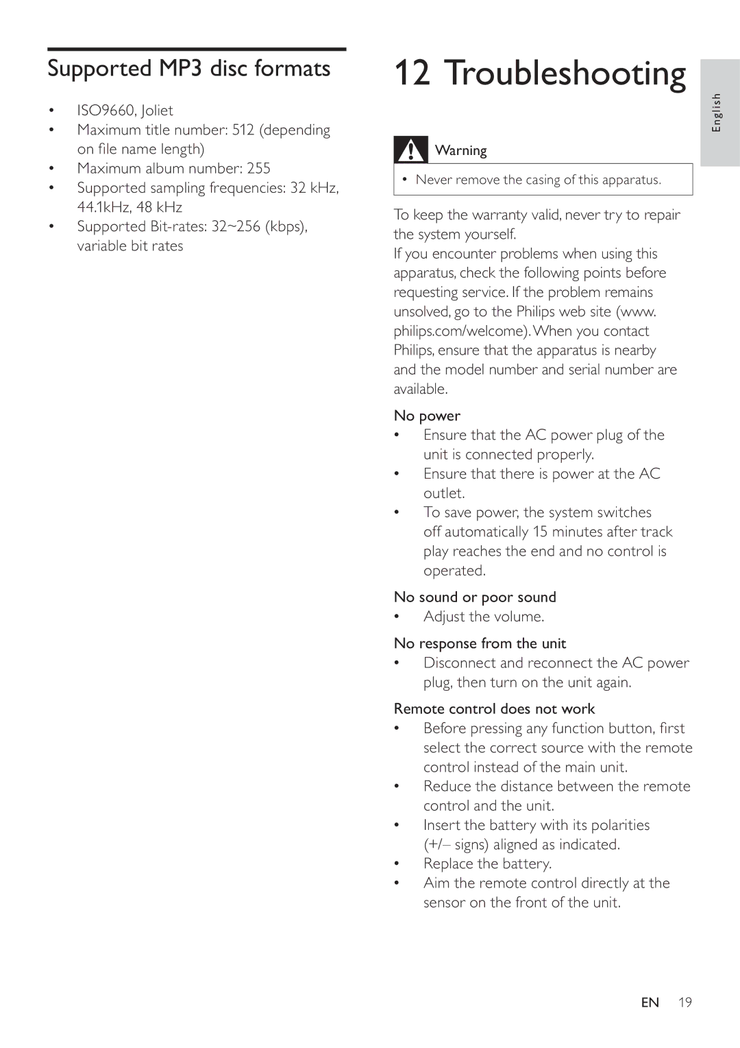 Philips DCM580 user manual Troubleshooting, Supported MP3 disc formats 