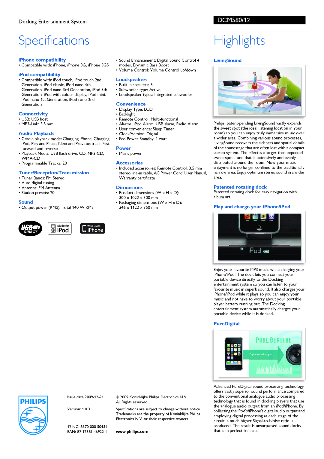 Philips DCM580/12 IPhone compatibility, IPod compatibility, Connectivity, Audio Playback, Tuner/Reception/Transmission 