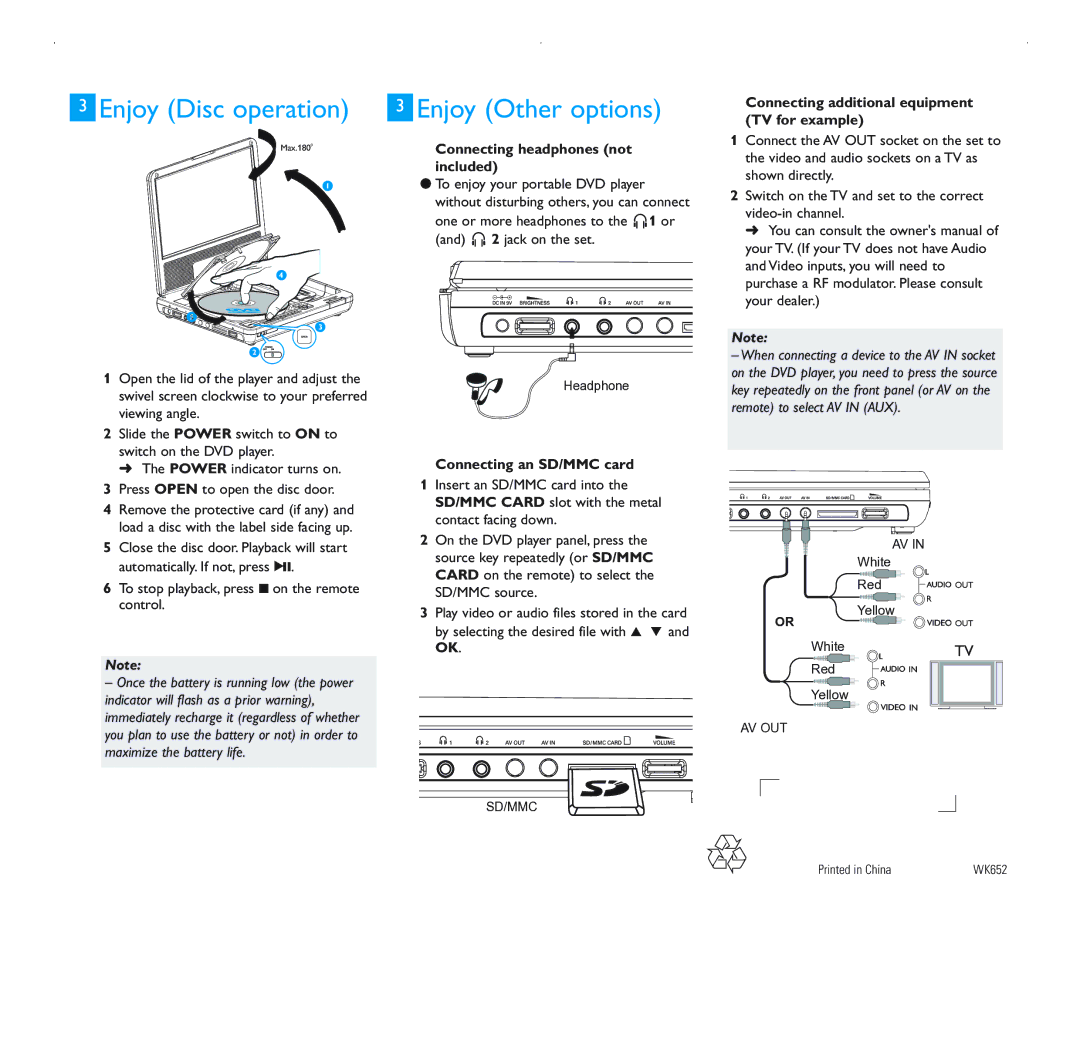 Philips DCP750 Enjoy Disc operation, Enjoy Other options, Connecting headphones not included, Connecting an SD/MMC card 