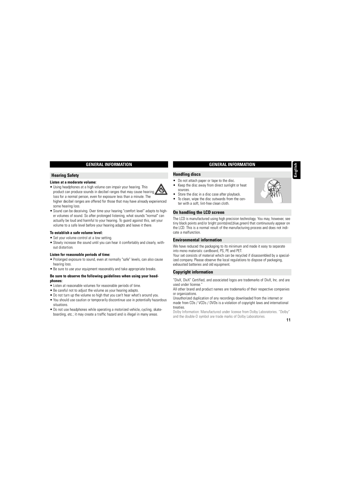 Philips DCP851 user manual Hearing Safety, Handling discs, On handling the LCD screen, Environmental information 