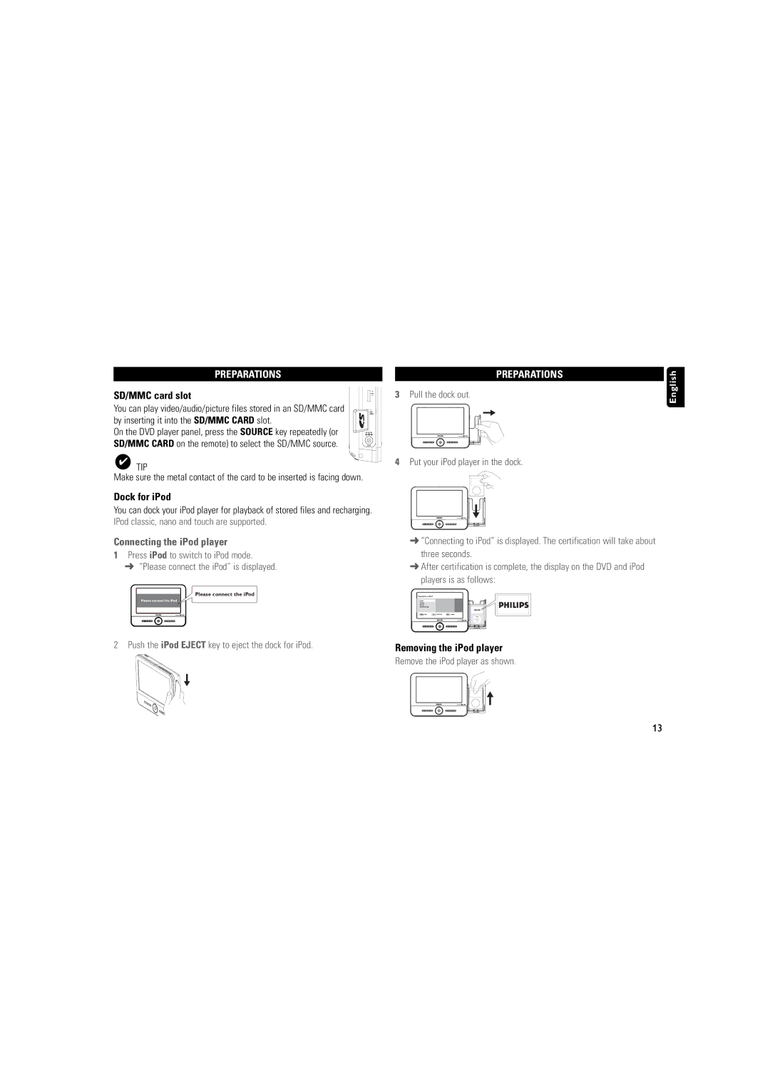 Philips DCP851 user manual SD/MMC card slot, Dock for iPod, Removing the iPod player 