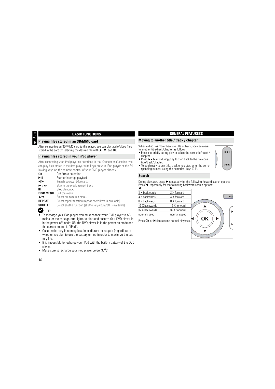 Philips DCP851 Playing files stored in an SD/MMC card, Playing files stored in your iPod player, General Featuress, Search 