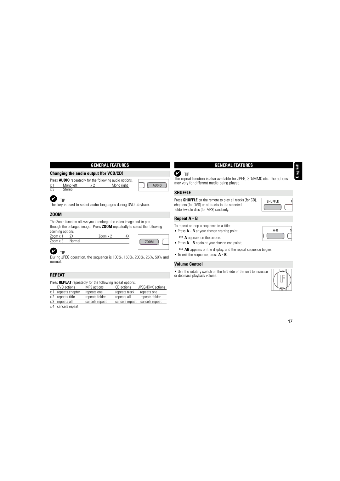 Philips DCP851 user manual General Features, Zoom, Repeat, Shuffle 