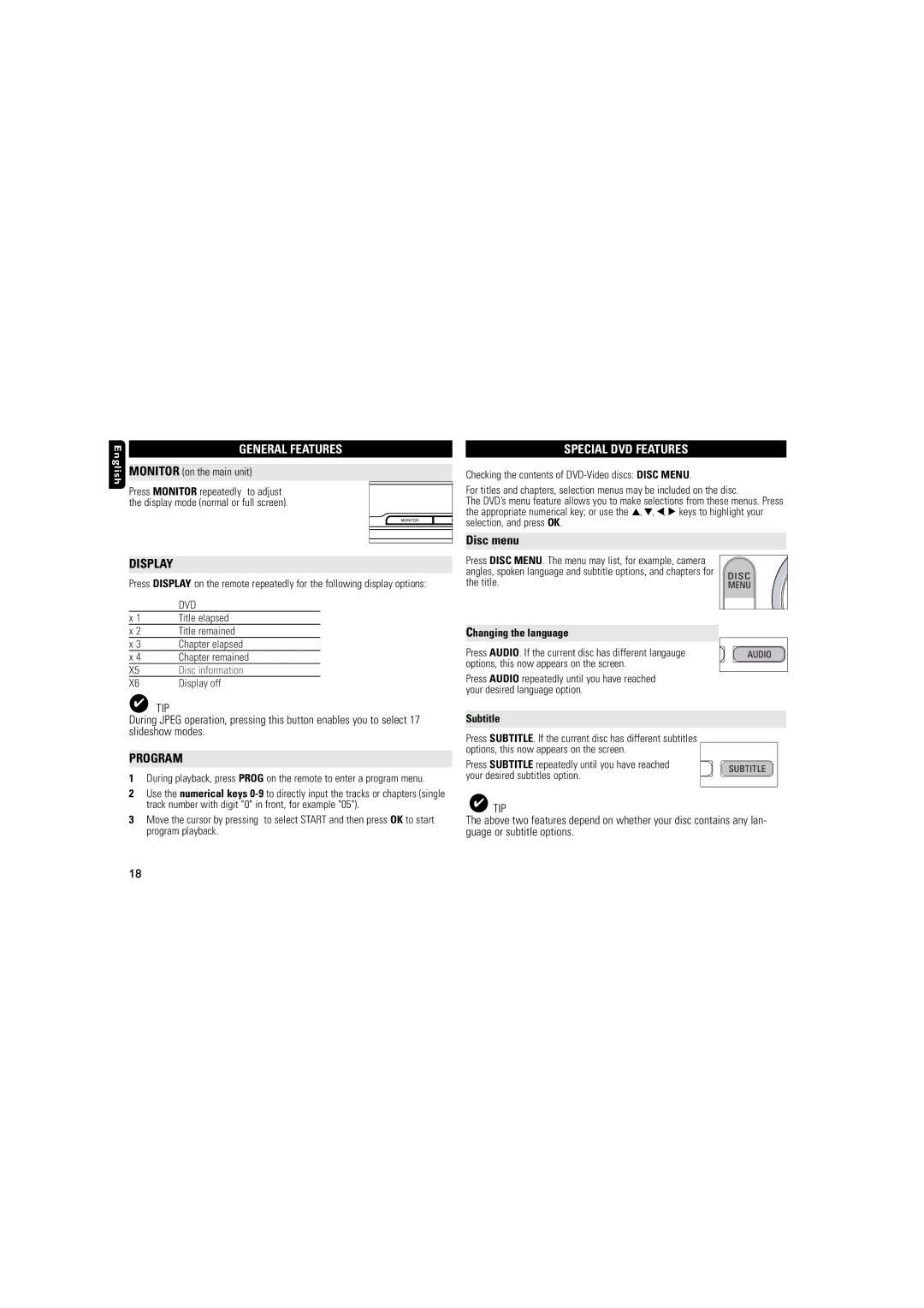 Philips DCP851 user manual Display, Program, Special DVD Features, Disc menu 