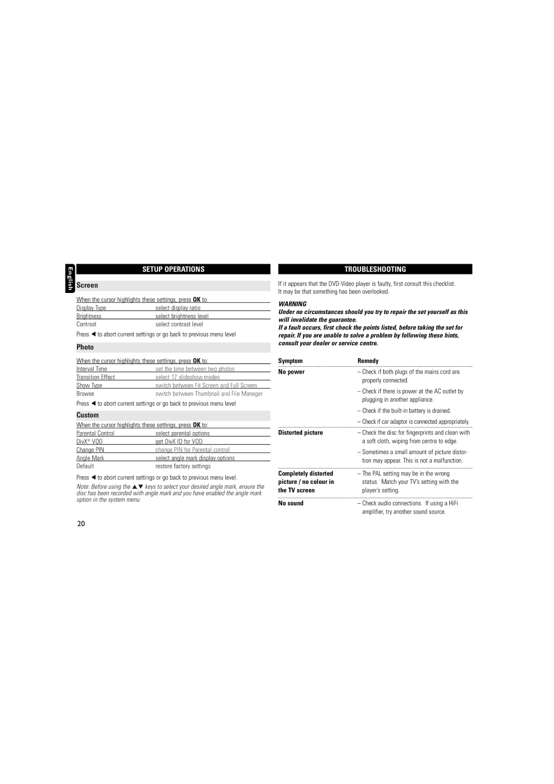 Philips DCP851 user manual Troubleshooting, Symptom No power Distorted picture, No sound Remedy 