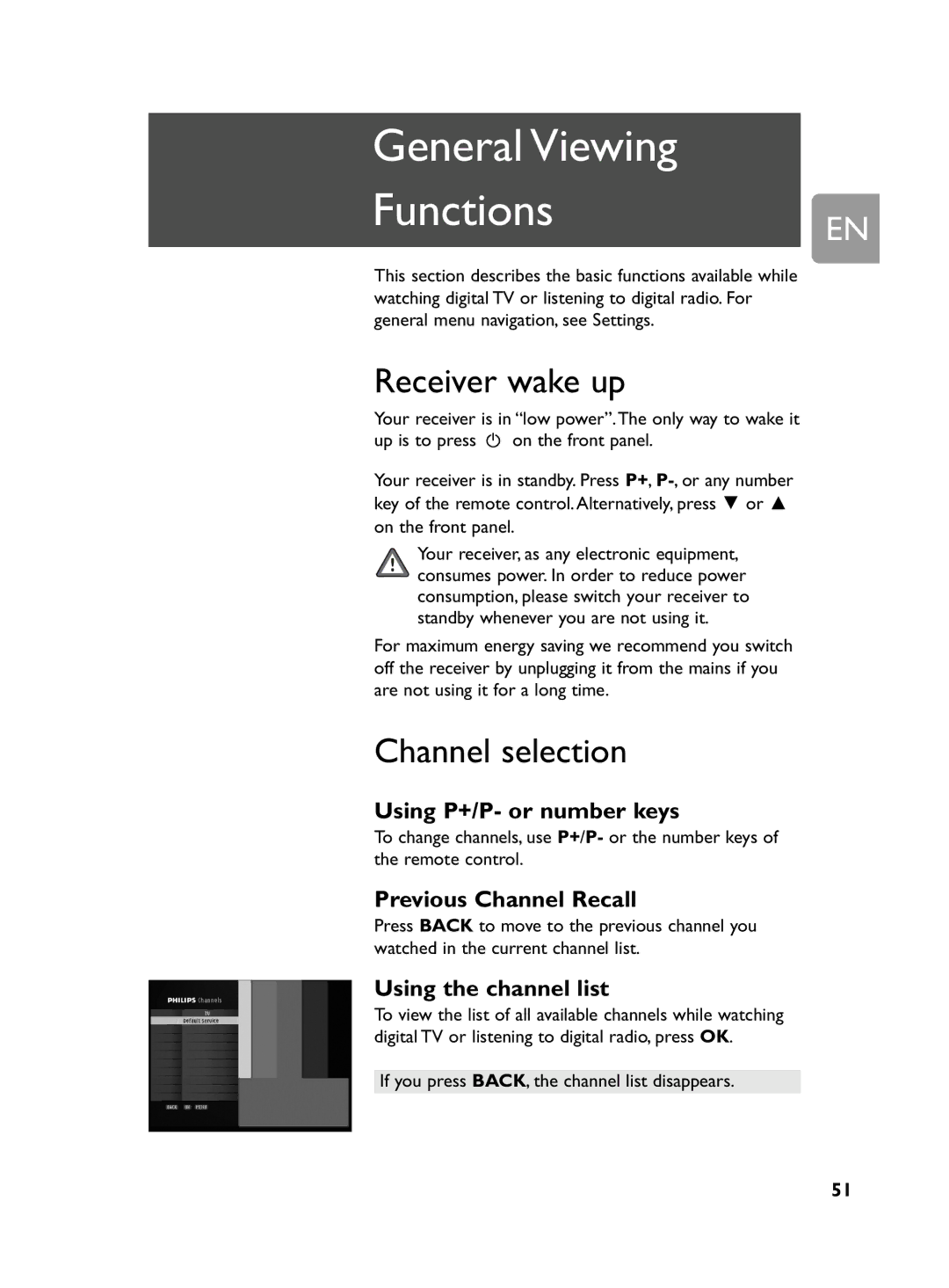 Philips DCR 2020 user manual Receiver wake up, Channel selection, Using P+/P- or number keys, Previous Channel Recall 