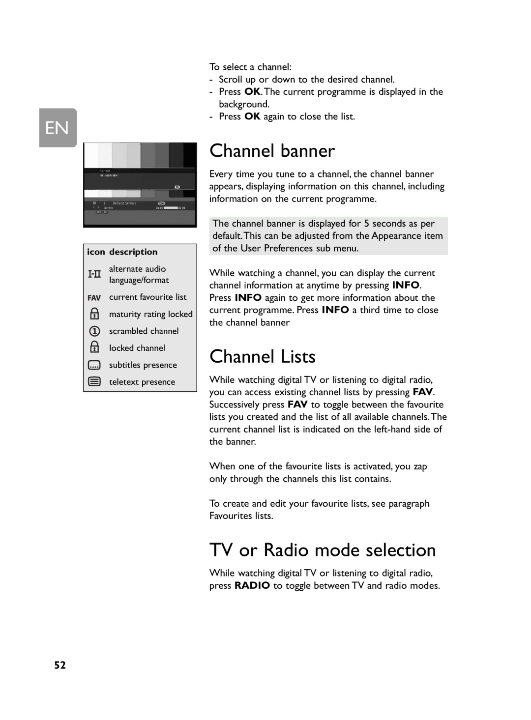 Philips DCR 2020 user manual Channel banner, Channel Lists, TV or Radio mode selection 