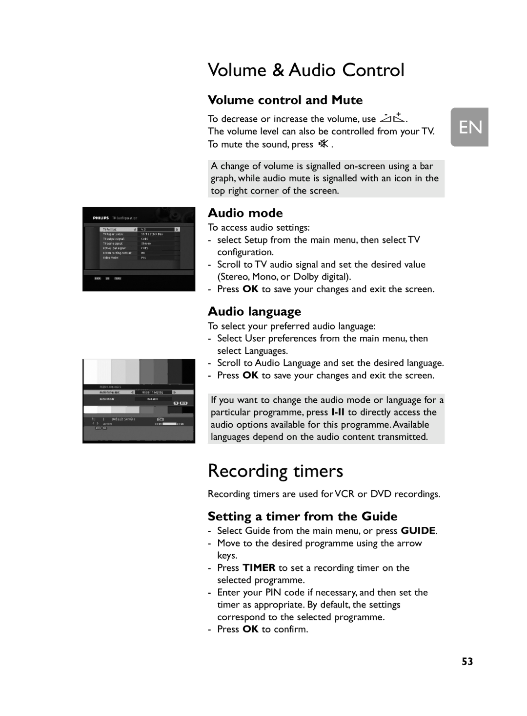 Philips DCR 2020 user manual Volume & Audio Control, Recording timers 