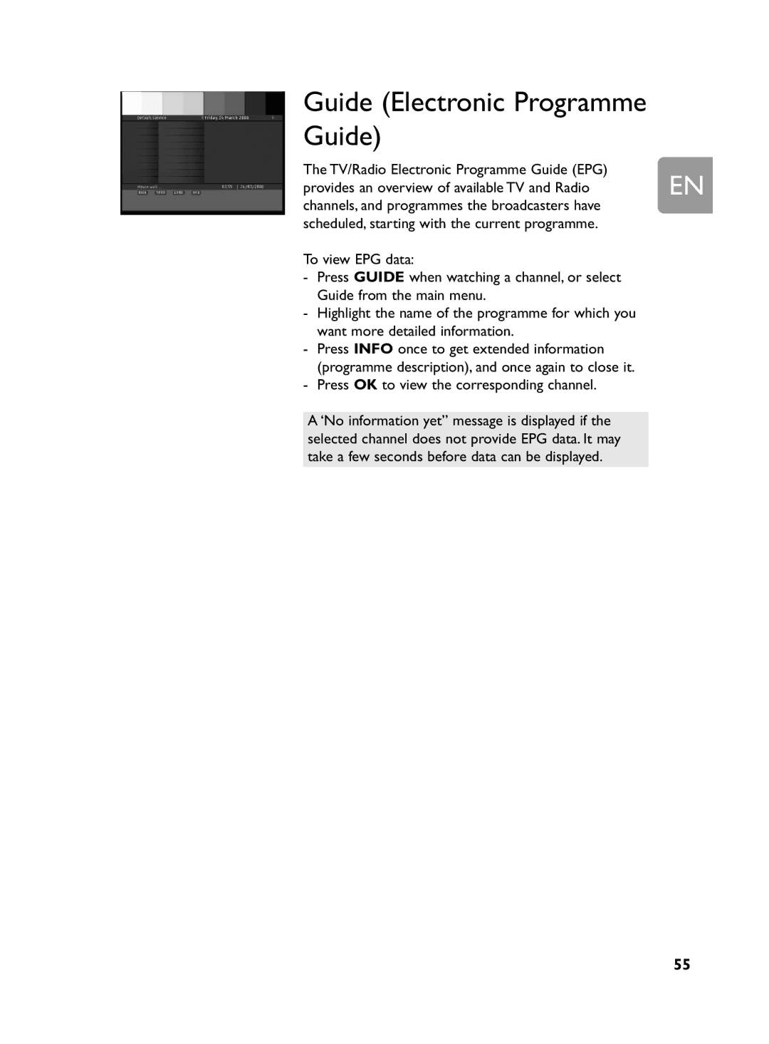 Philips DCR 2020 user manual Guide Electronic Programme Guide, Press OK to view the corresponding channel 