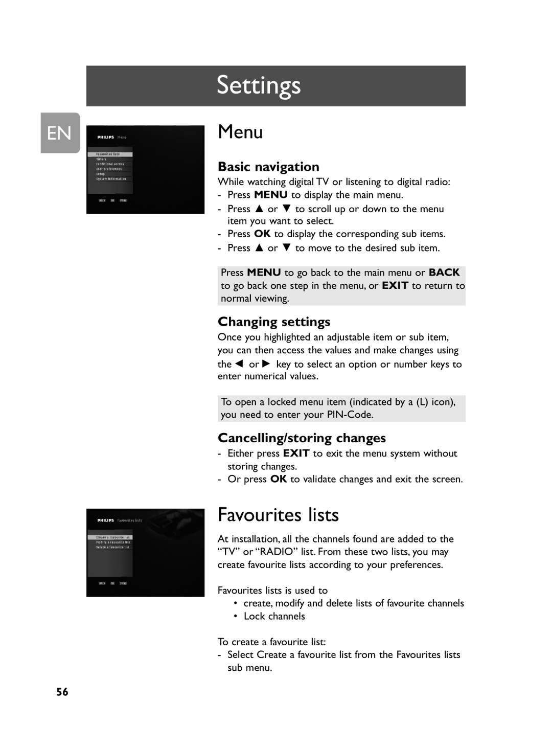 Philips DCR 2020 user manual Settings, Menu, Favourites lists 