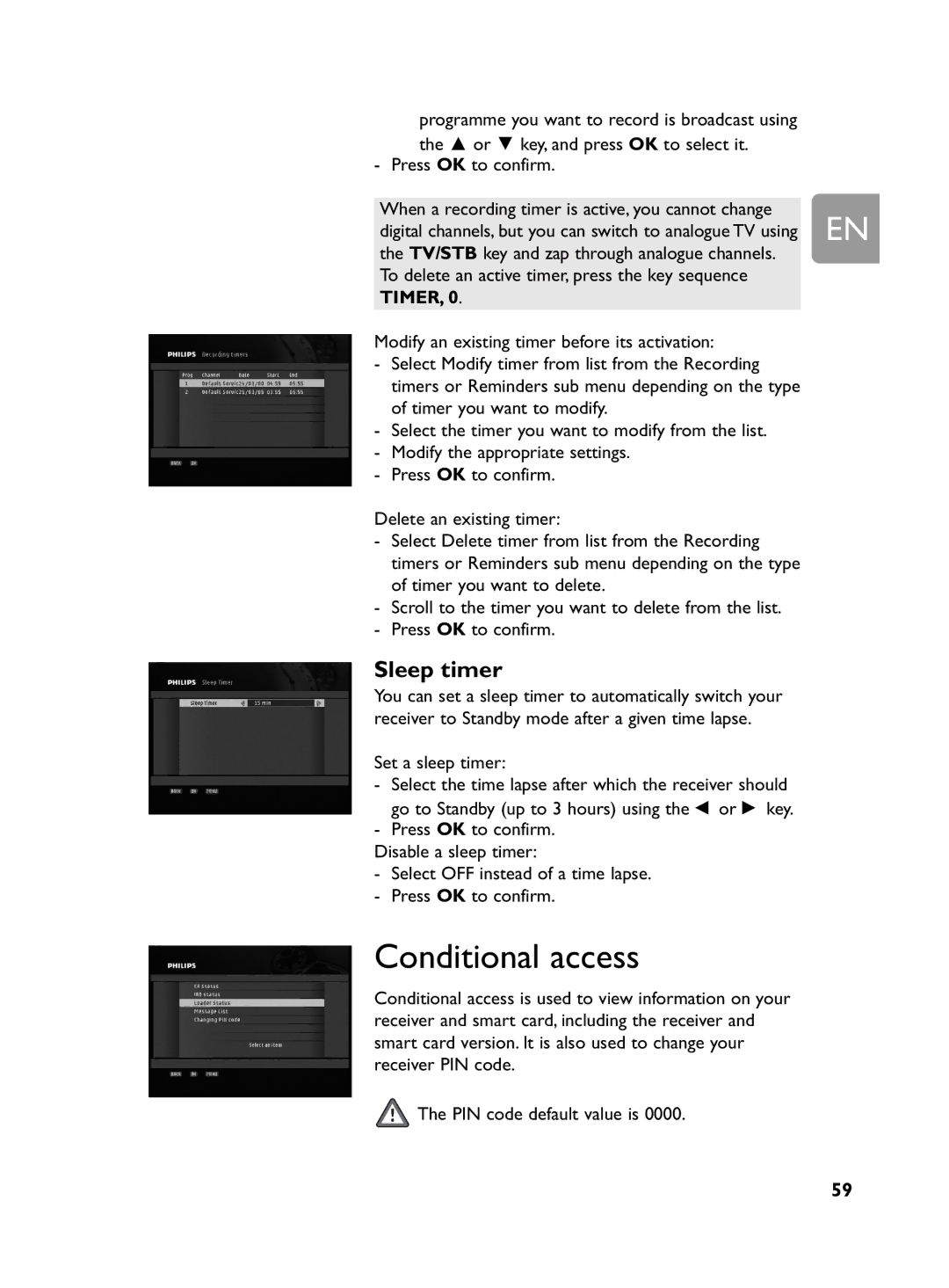 Philips DCR 2020 user manual Conditional access, Sleep timer 