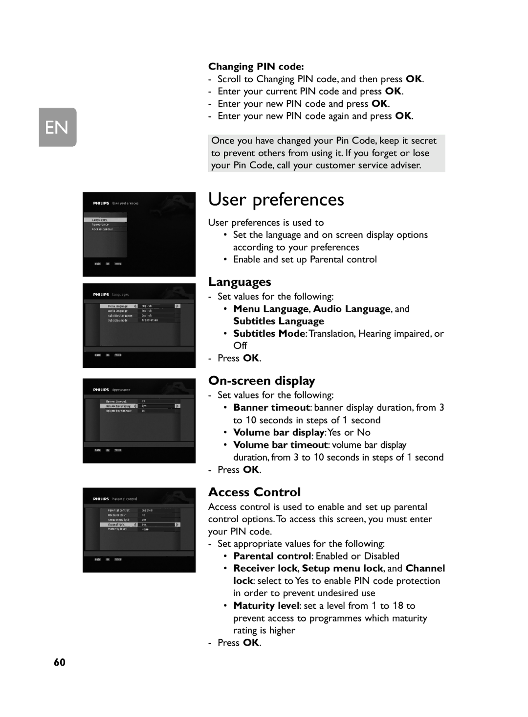 Philips DCR 2020 user manual User preferences, Languages, On-screen display, Access Control 