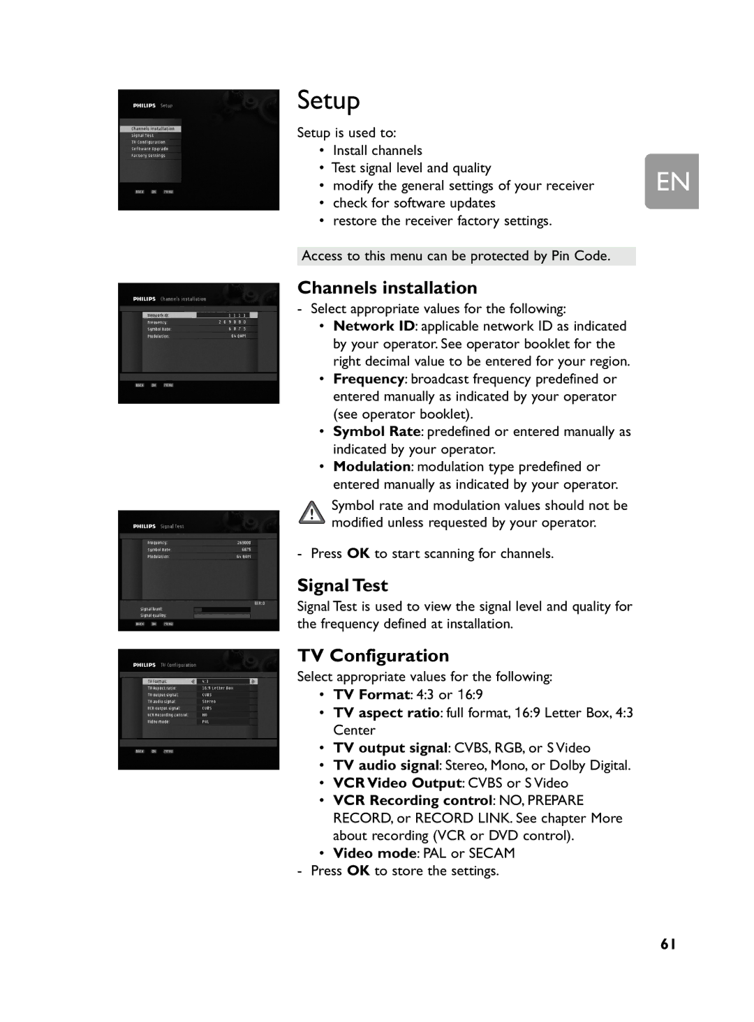 Philips DCR 2020 user manual Setup, Channels installation, Signal Test, TV Configuration 