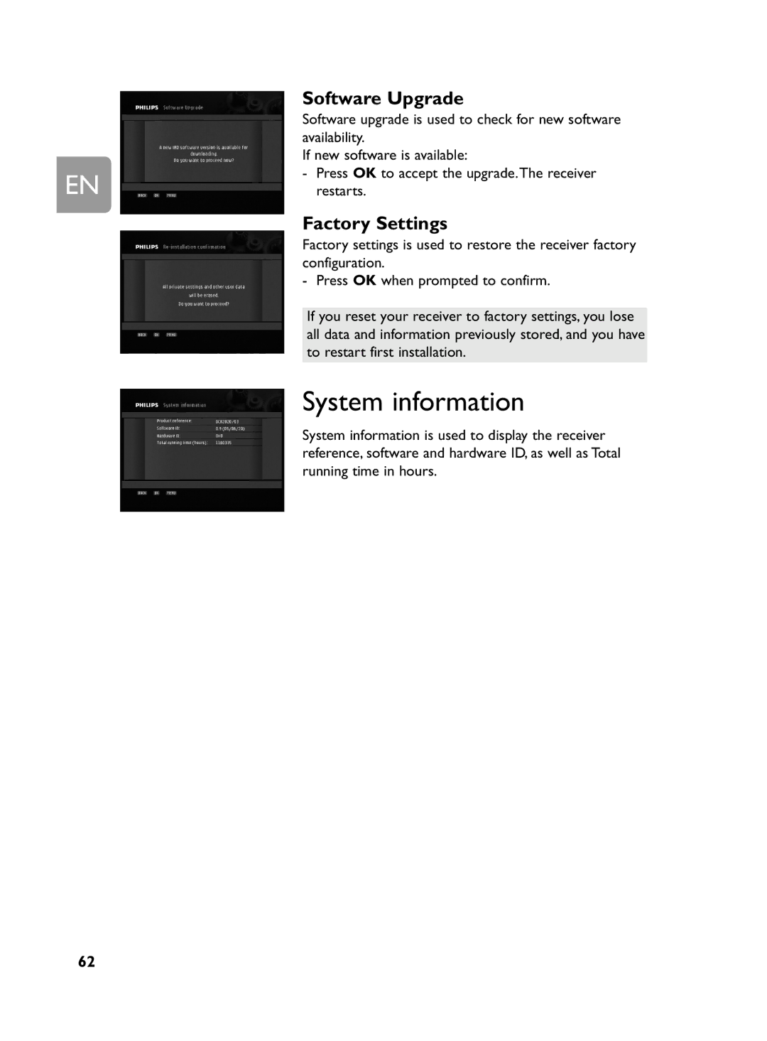 Philips DCR 2020 user manual System information, Software Upgrade, Factory Settings 