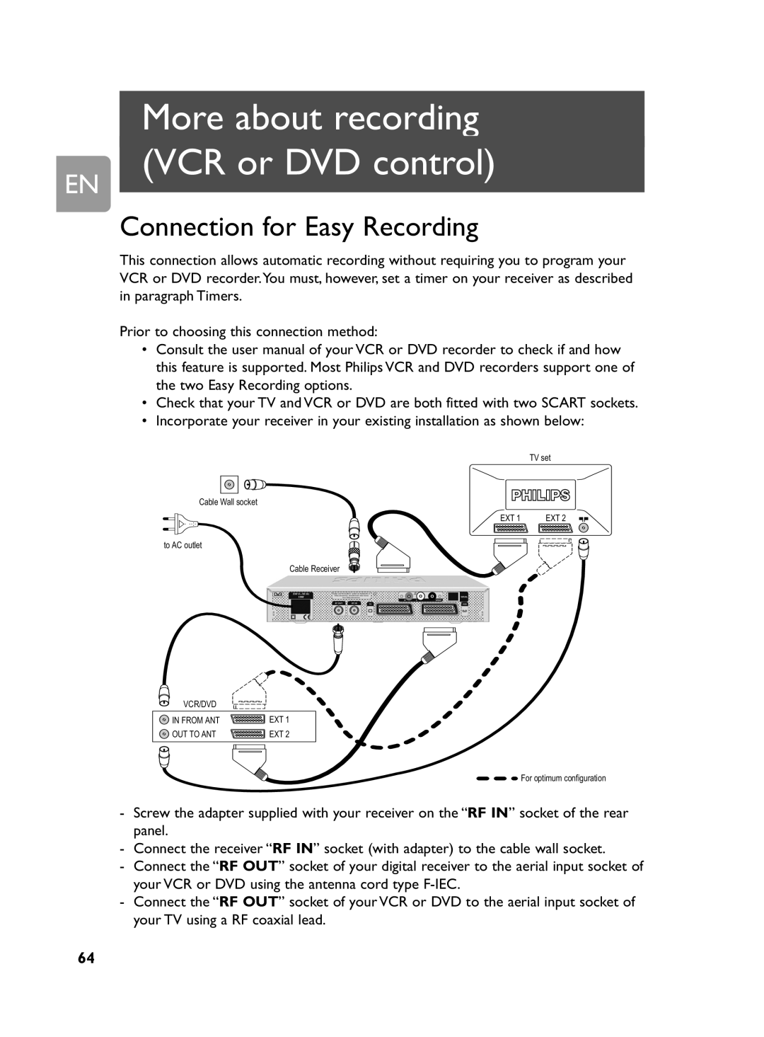 Philips DCR 2020 user manual More about recording, VCR or DVD control, Connection for Easy Recording 