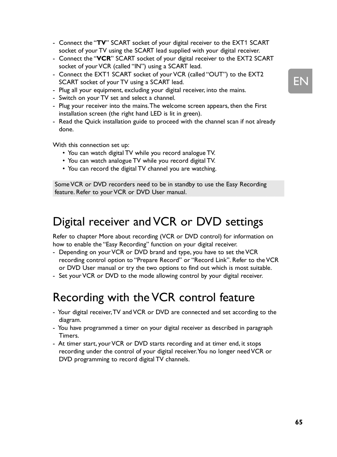 Philips DCR 2020 user manual Digital receiver and VCR or DVD settings, Recording with the VCR control feature 