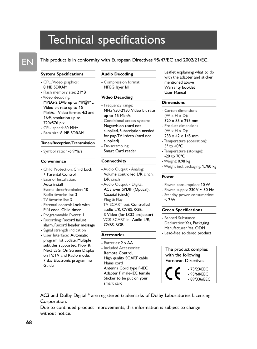 Philips DCR 2020 user manual Technical specifications, System Specifications Audio Decoding 