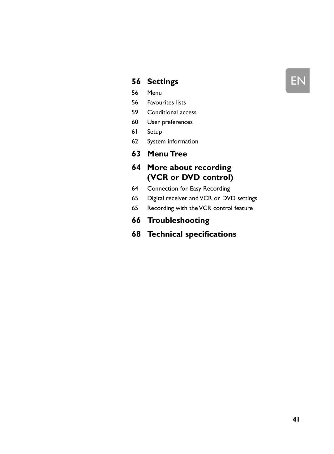 Philips DCR 2020 Settings, Menu Tree, More about recording, VCR or DVD control, Troubleshooting, Technical specifications 