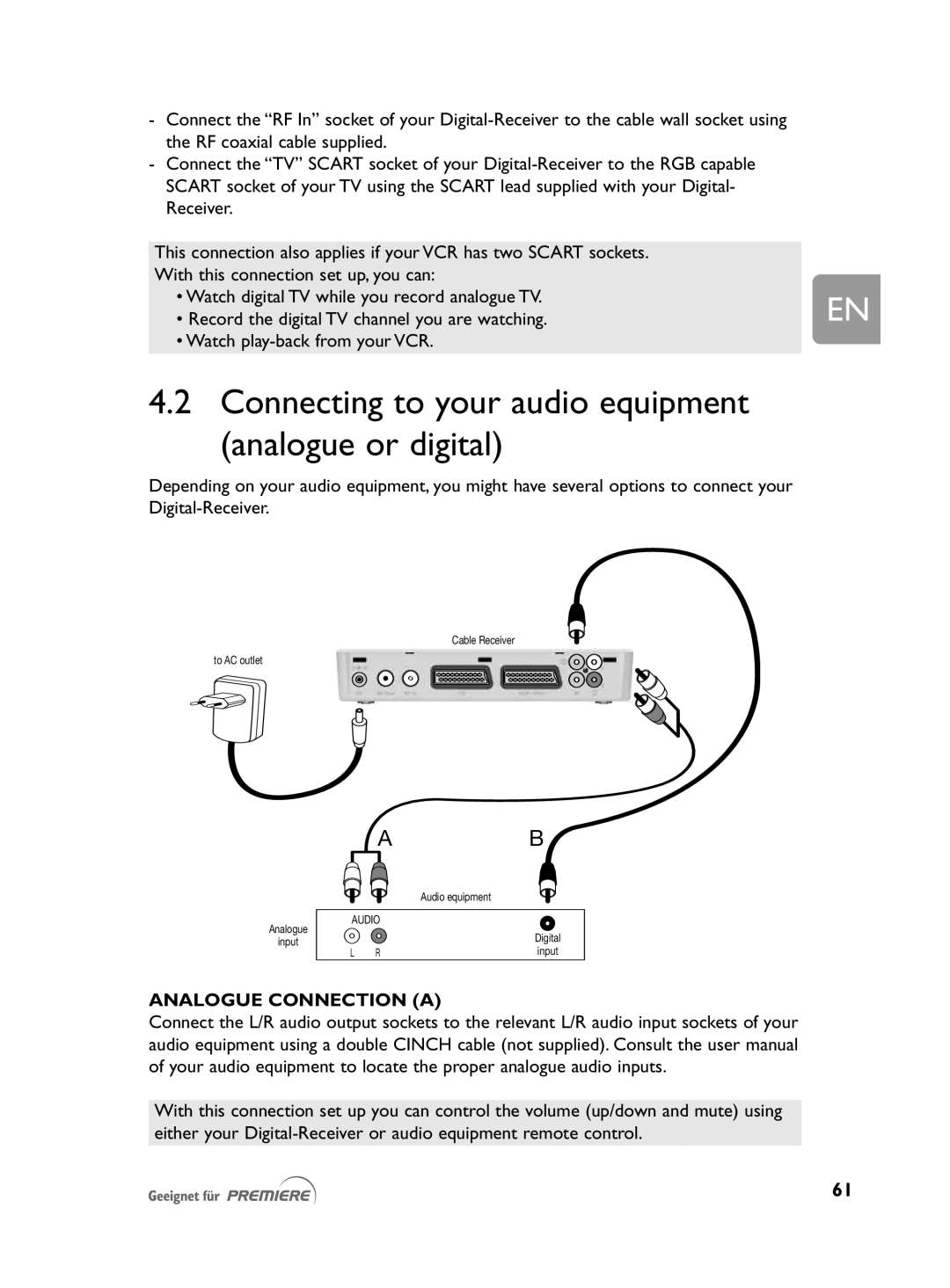 Philips DCR 2021 user manual Connecting to your audio equipment analogue or digital, Analogue Connection a 