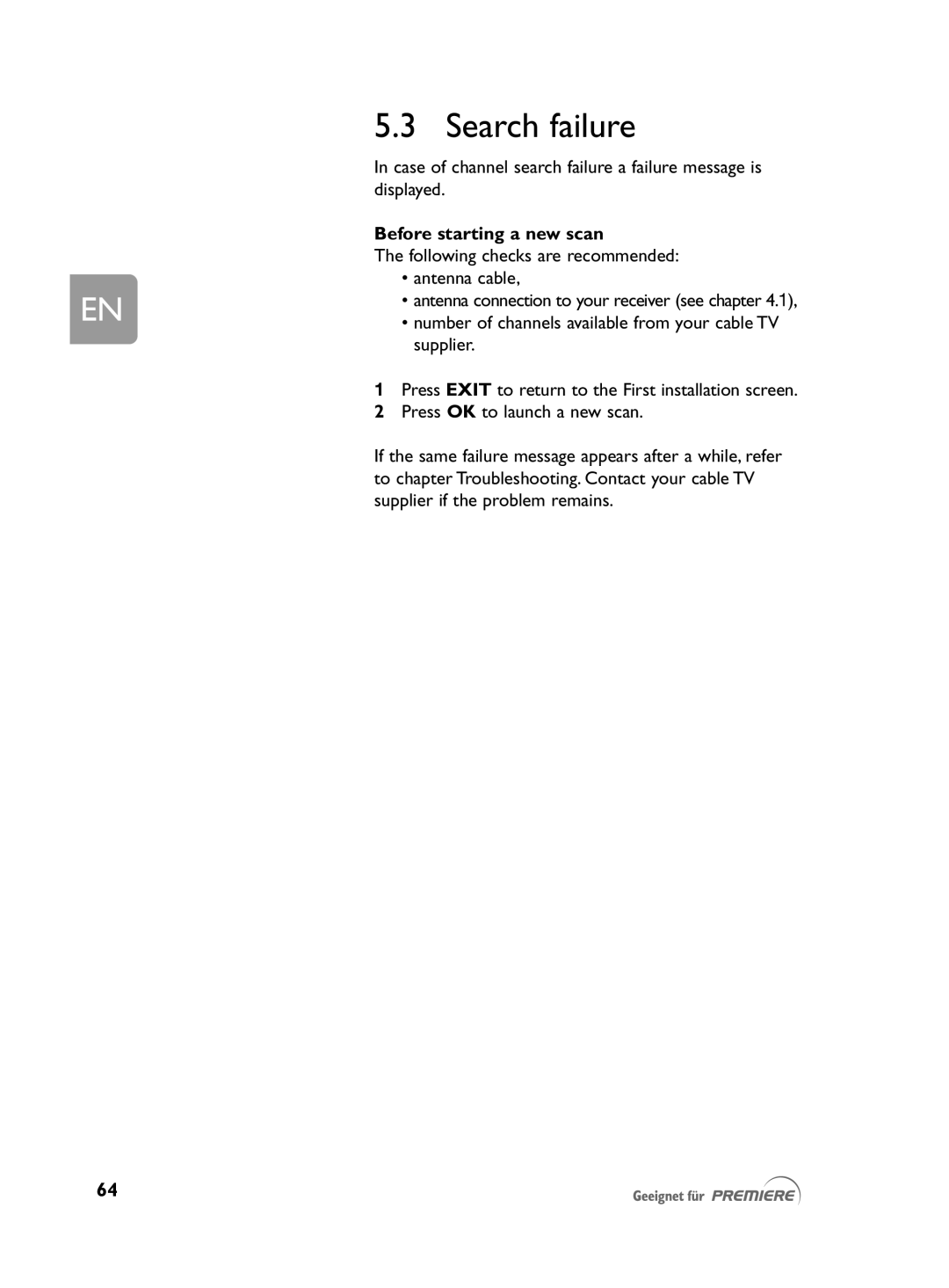 Philips DCR 2021 user manual Search failure, Before starting a new scan 