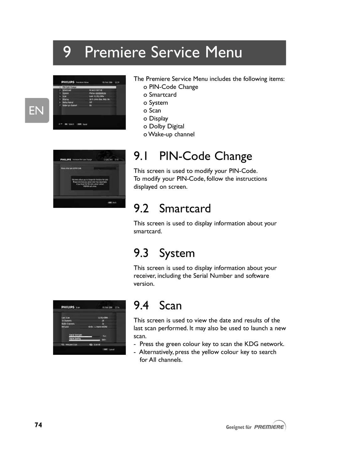 Philips DCR 2021 user manual Premiere Service Menu, PIN-Code Change, Smartcard, System, Scan 