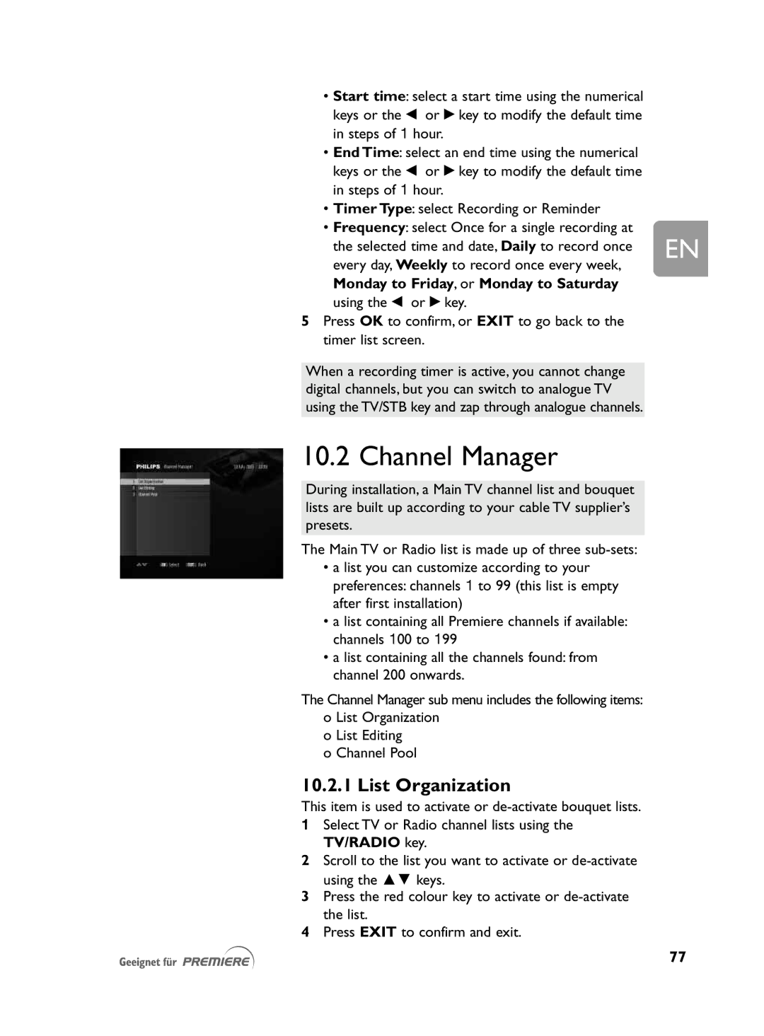 Philips DCR 2021 user manual Channel Manager, List Organization, Monday to Friday , or Monday to Saturday 