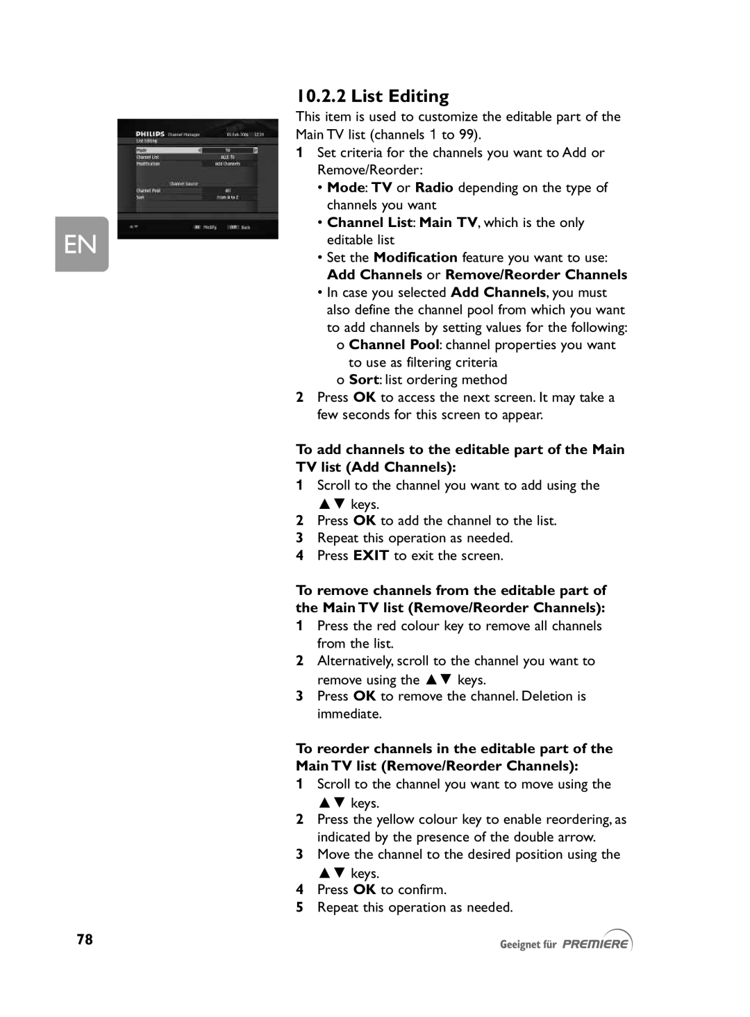 Philips DCR 2021 user manual List Editing, Channel List Main TV, which is the only editable list 