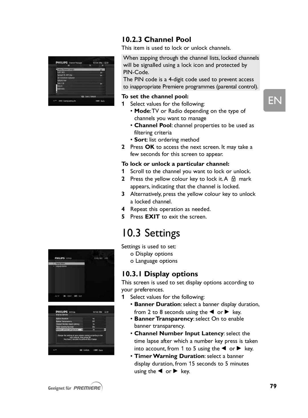 Philips DCR 2021 user manual Settings, Channel Pool, Display options 