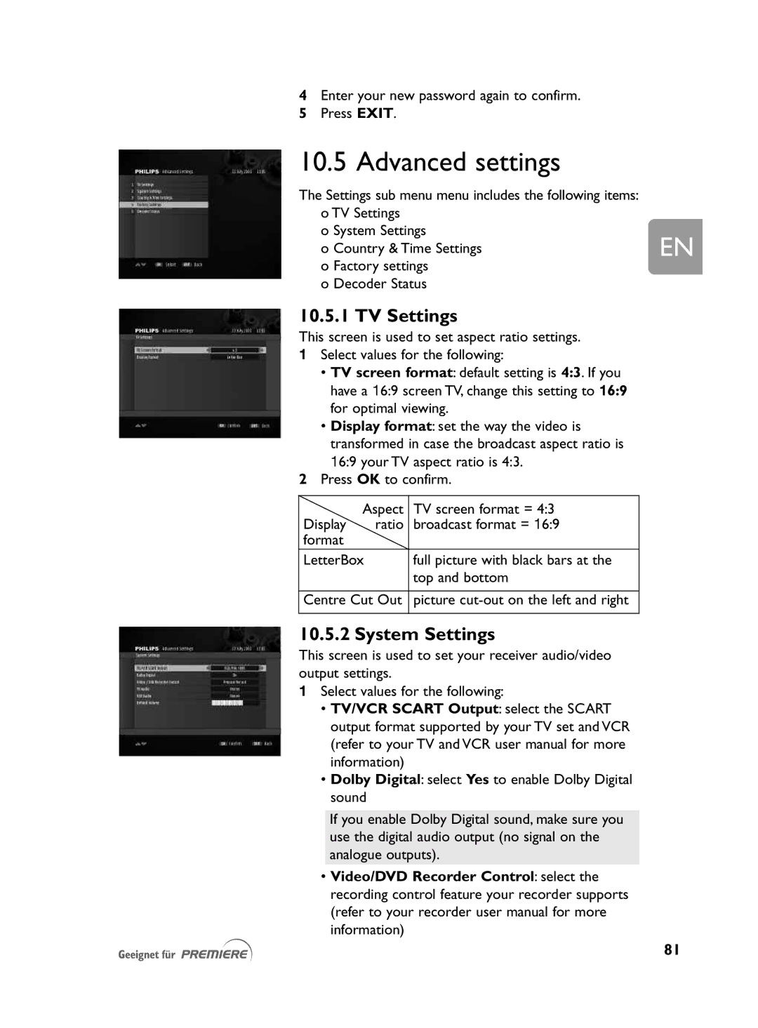 Philips DCR 2021 Advanced settings, TV Settings, System Settings, Enter your new password again to confirm Press Exit 