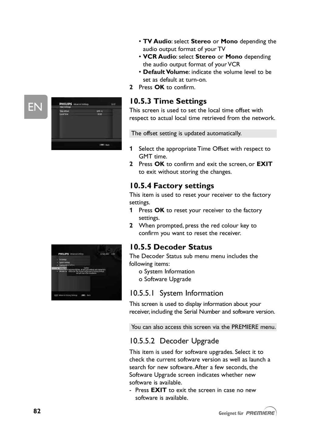 Philips DCR 2021 Time Settings, Factory settings, Decoder Status, You can also access this screen via the Premiere menu 