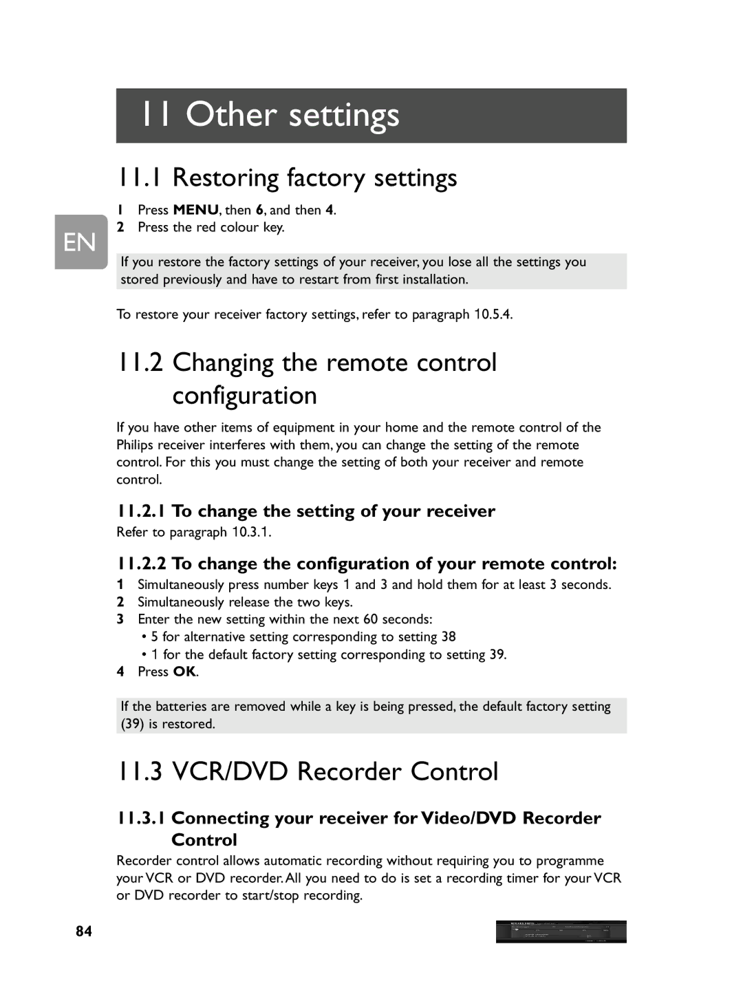 Philips DCR 2021 user manual Other settings, Restoring factory settings, Changing the remote control configuration 