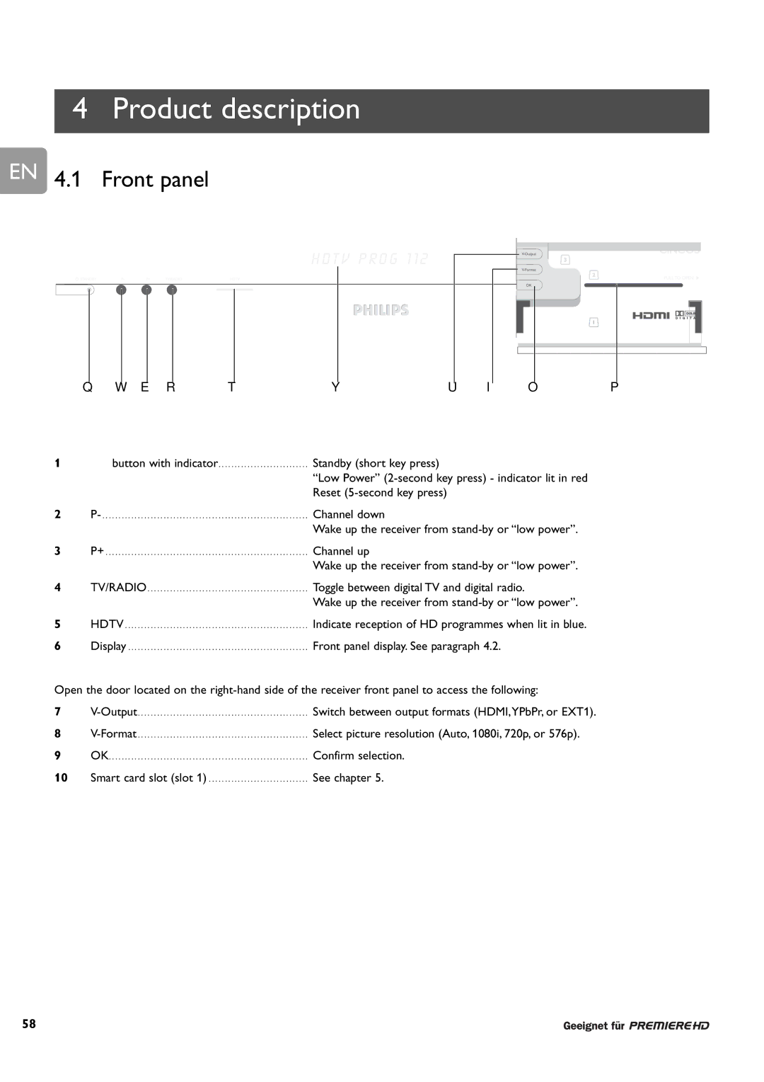 Philips DCR 9000 user manual Product description, EN 4.1 Front panel 