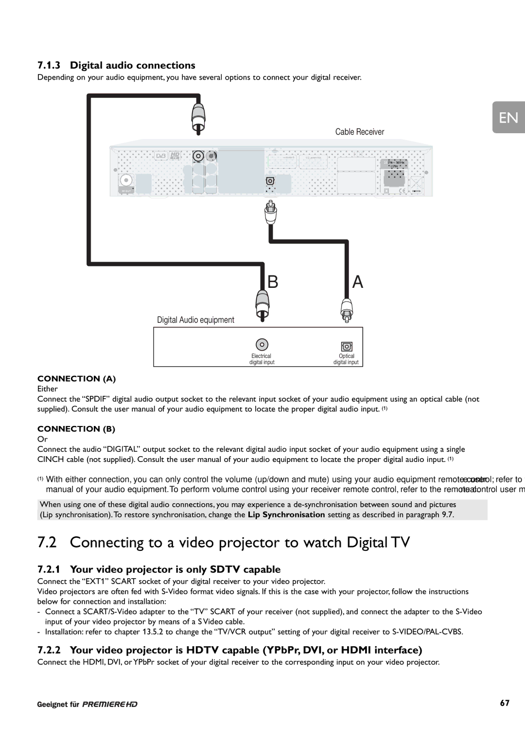 Philips DCR 9000 user manual Connecting to a video projector to watch Digital TV, Digital audio connections 