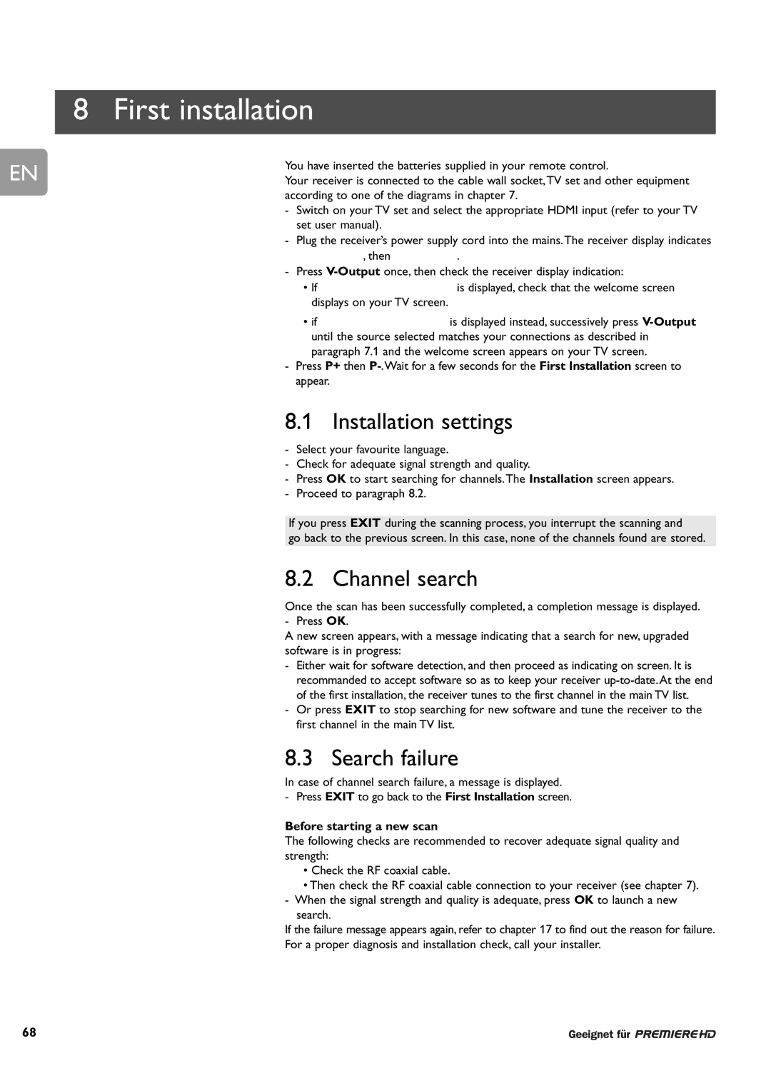 Philips DCR 9000 First installation, Installation settings, Channel search, Search failure, Before starting a new scan 