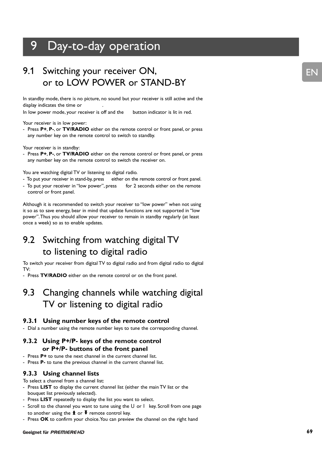 Philips DCR 9000 Day-to-day operation, Switching your receiver on Or to LOW Power or STAND-BY, Using channel lists 