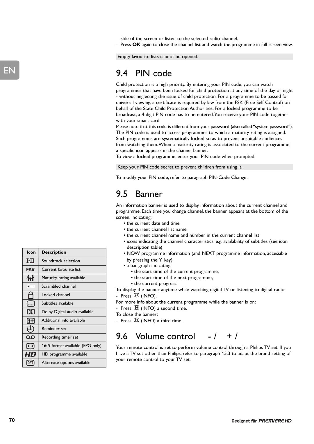 Philips DCR 9000 user manual PIN code, Banner, Volume control / + 