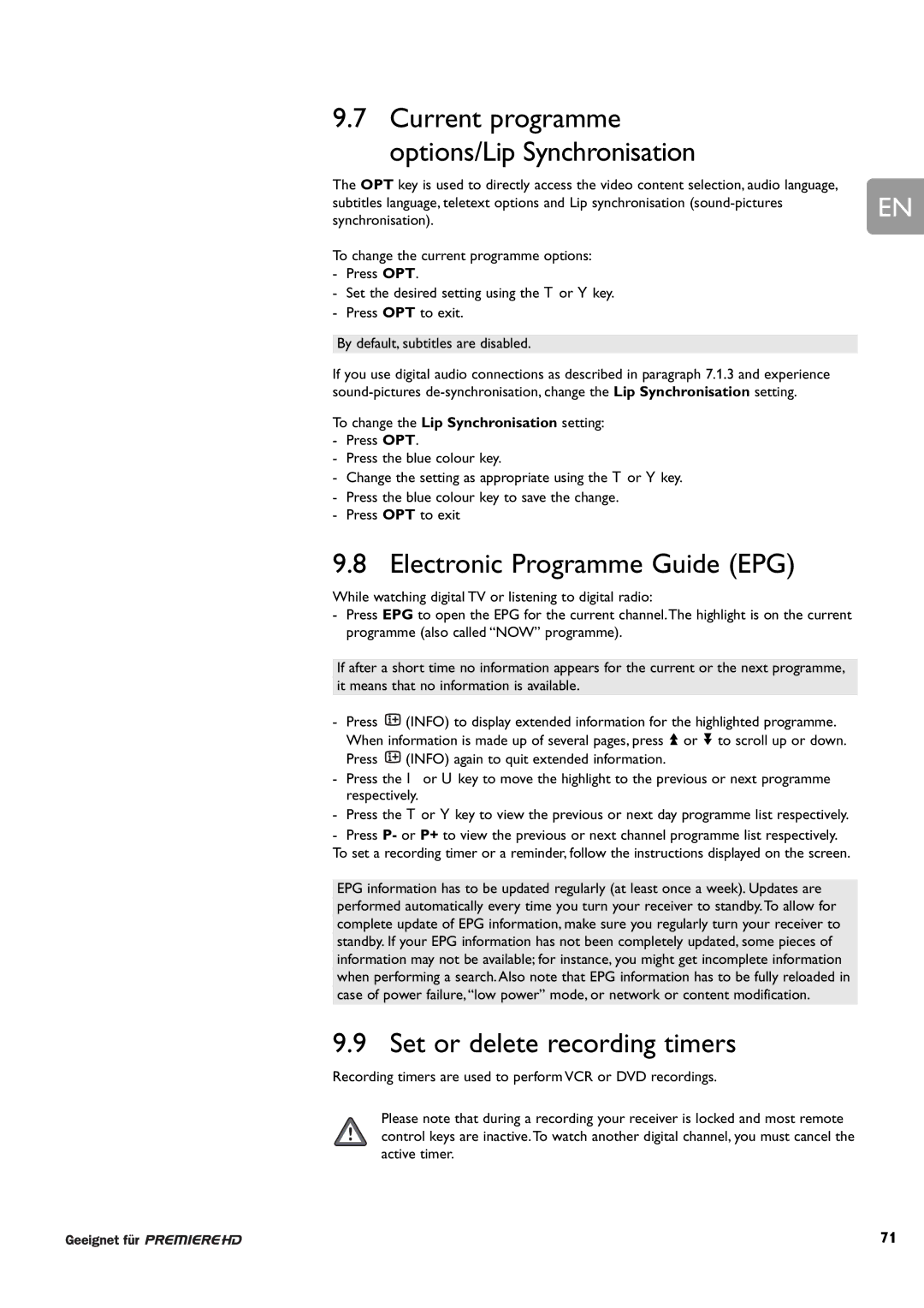 Philips DCR 9000 user manual Electronic Programme Guide EPG, Set or delete recording timers 