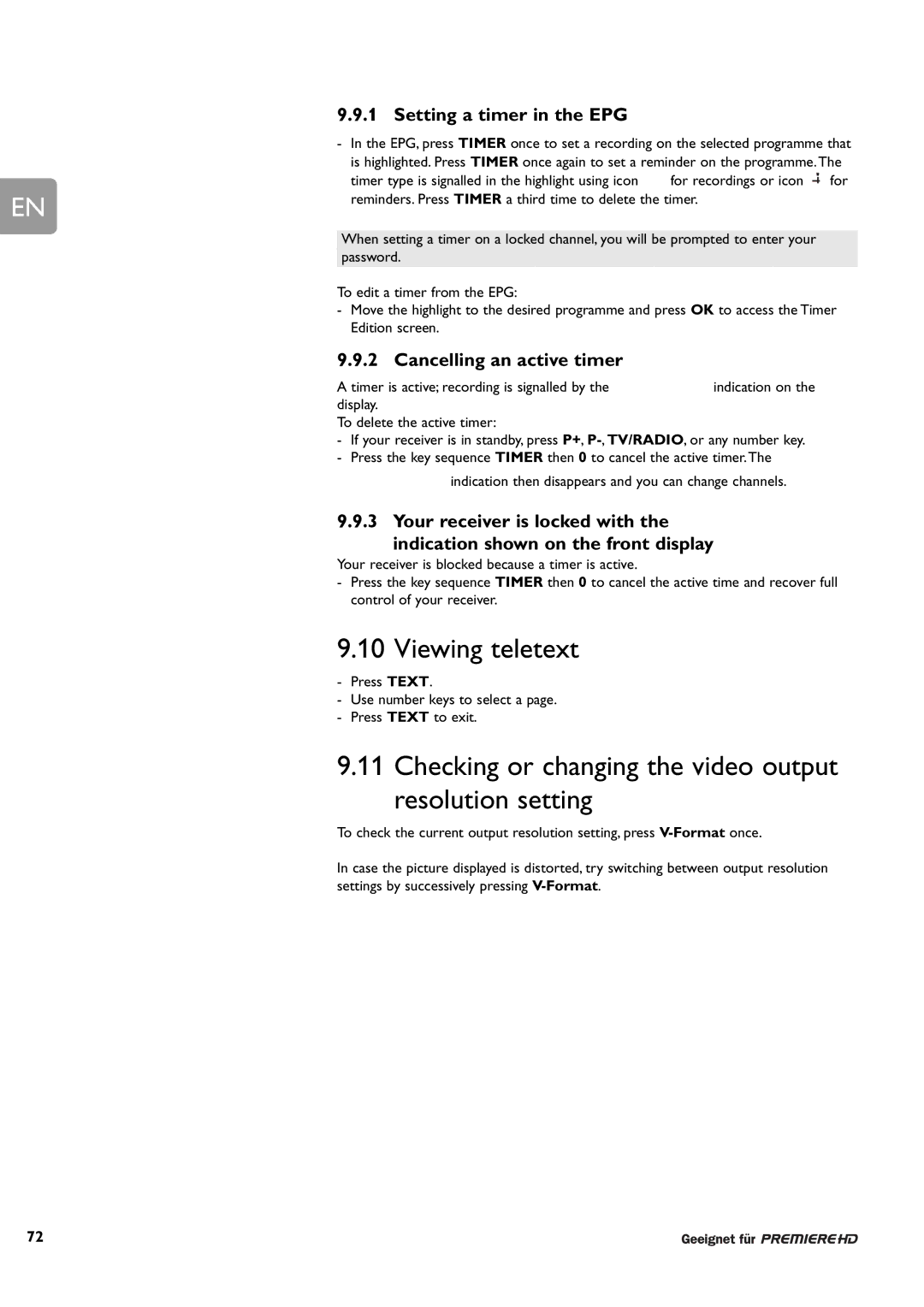 Philips DCR 9000 Viewing teletext, Checking or changing the video output resolution setting, Setting a timer in the EPG 